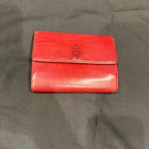 CARTIER VINTAGE MUST CC EMBLEM LEATHER WALLET TRIFOLD PURSE FRANCE BURGUNDY RED